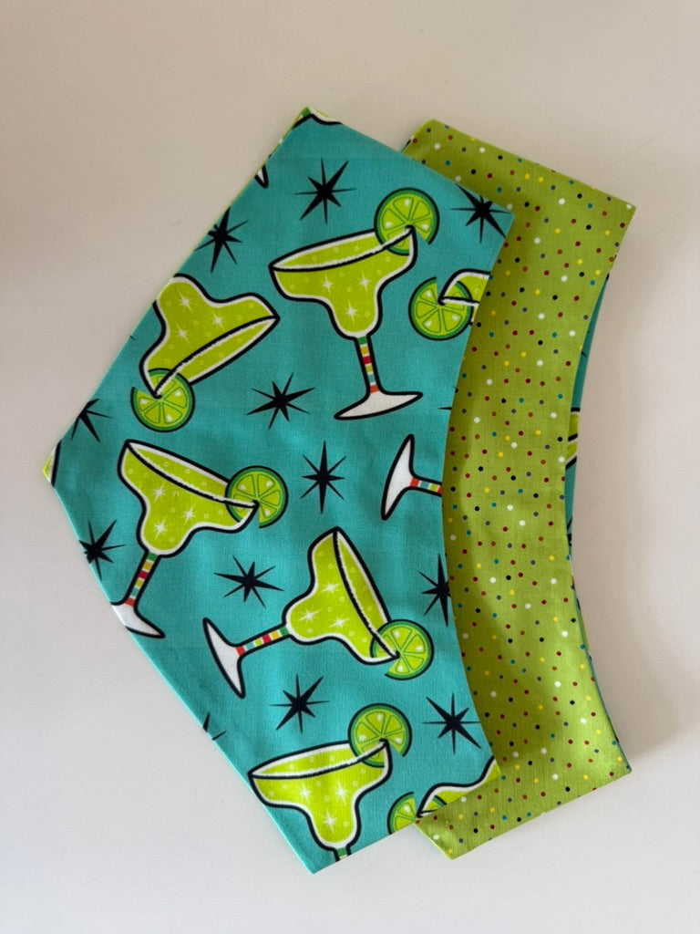Margs and Mutts reversible pet bandana showing margarita and green dotted sides